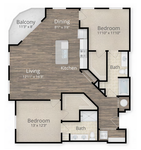 Elegant floor plan featuring 2 bedrooms, spacious open-concept living and dining areas, modern kitchen, and large balcony.