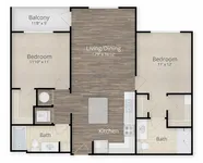 Modern floor plan featuring 2 bedrooms, open kitchen, spacious living/dining area, balcony, and two baths for ultimate comfort.