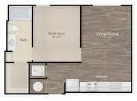 Modern one-bedroom apartment floor plan featuring a spacious living/dining area, sleek kitchen, elegant bath, and in-unit washer/dryer.