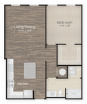 Modern floor plan showcasing a spacious 1-bedroom apartment with an open living/dining area, well-equipped kitchen, and convenient laundry facilities.