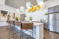 Modern apartment kitchen with sleek granite countertops, stylish bar stools, and elegant pendant lighting, complemented by artistic wall decor and lush potted plants.