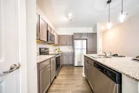 Modern kitchen featuring sleek granite countertops, stainless steel appliances, and elegant pendant lighting, offering a stylish cooking space.