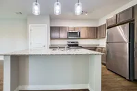 Modern kitchen with sleek granite countertops, stainless steel appliances, and elegant pendant lighting.