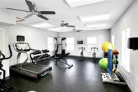 Bright and modern fitness center featuring a treadmill, exercise bikes, weight bench, and vibrant exercise balls, inviting a healthy lifestyle.