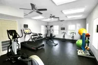 Bright and modern apartment gym featuring state-of-the-art equipment, including treadmills, exercise bikes, and strength training machines, all in a spacious setting with natural light.