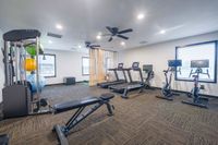 Modern fitness center with state-of-the-art treadmills, stationary bikes, and vibrant exercise balls in a bright, airy space.
