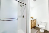 Bright, modern bathroom featuring a sleek shower, elegant vanity, and pristine toilet with high-quality finishes.