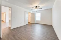 Bright and inviting open bedroom with elegant wood flooring, modern ceiling fan, and a walk-in closet, perfect for comfortable living.