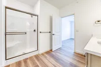 Bright modern bathroom featuring a sleek glass shower, elegant vanity, and chic wood flooring leading to an airy, spacious room.