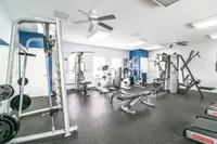Modern fitness center with state-of-the-art equipment including treadmills, stationary bikes, and weight machines, offering a bright and welcoming workout environment.