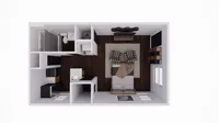 Modern studio apartment floor plan showcasing a sleek kitchen, cozy sleeping area, and compact bathroom with sophisticated dark wood flooring.