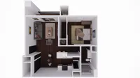 Modern 1-bedroom apartment floor plan with open-concept living area, stylish kitchen, and cozy bedroom.