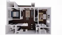 Modern 3D floor plan showcasing two cozy bedrooms with ample natural light, an open-concept living area with stylish seating, and a sleek kitchen equipped with modern appliances.