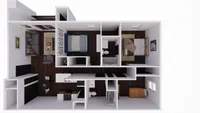 Modern 3D floor plan showcasing 2 elegant bedrooms, cozy living room, and a sleek kitchen with an open-concept dining area.