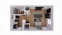 Chic studio apartment floor plan featuring a cozy living area, modern kitchen, and compact bathroom.