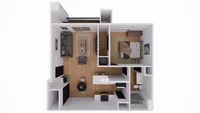 Modern 3D floor plan showcasing a cozy 1-bedroom apartment with an open living area, sleek kitchen, and elegant bathroom.