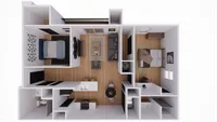 Modern 2-bedroom apartment floor plan with open-concept living area, elegant kitchen, and chic furnishings, perfect for urban living.