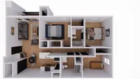 Modern floor plan showcasing 2 bedrooms, stylish living area, sleek kitchen, and two elegant bathrooms with contemporary design.