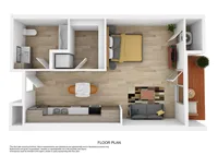 Chic 3D floor plan showcasing a spacious one-bedroom apartment with modern kitchen, cozy living area, and inviting balcony.