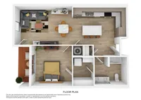 Elegant floor plan showcasing a spacious 1-bedroom apartment with open living area, modern kitchen with island, cozy dining space, and sleek bathroom.