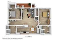 Modern 3D floor plan featuring two spacious bedrooms, a cozy living area, and a functional kitchen with a dining space. Stylish bathroom and private balcony included.