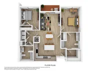 Modern apartment floor plan featuring 2 bedrooms, open living area with stylish kitchen, and cozy balcony.
