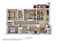 Modern 3D floor plan showcasing two spacious bedrooms, open-plan living room with stylish furniture, and a contemporary kitchen, perfect for comfortable living.