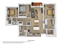 Modern 3D floor plan showcasing 3 cozy bedrooms, an open-concept living and dining area, a stylish kitchen with an island, and a charming balcony for relaxation.