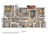 Modern 3D floor plan showcasing a spacious apartment with three bedrooms, open living and dining areas, a sleek kitchen, and a charming balcony.