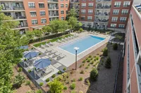 Elegant apartment complex courtyard featuring a stylish swimming pool, shaded lounge areas, and vibrant landscaping.