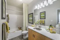 Bright and modern bathroom featuring elegant lighting, sleek vanity, and tasteful decor for a luxurious feel.