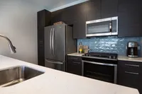 Modern kitchen with sleek stainless steel appliances, elegant dark cabinetry, and a stylish blue tile backsplash.