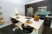 Modern kitchen with sleek dark cabinets, stainless steel appliances, and a spacious white countertop featuring stylish bar seating.