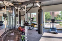Modern fitness center with state-of-the-art equipment including a functional training system, punching bag, and treadmill, set in a bright space with large windows offering a view of the urban landscape.