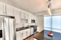 Modern kitchen with sleek stainless steel appliances, chic white cabinets, and cozy lighting, ideal for culinary enthusiasts.