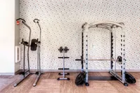 Modern fitness room featuring state-of-the-art exercise equipment, including a weight rack and power tower, set against stylish decorative wallpaper.