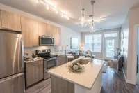 Modern open-plan kitchen and living area with stainless steel appliances, quartz countertops, and elegant lighting fixtures.
