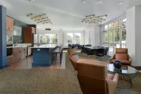 Modern communal living space with a spacious kitchen, sleek island seating, and a chic dining area featuring large windows for natural light.