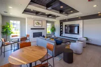 Modern and inviting living room with elegant seating, stylish wooden tables, a sleek fireplace, and abundant natural light.