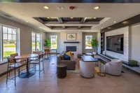 Bright and modern lounge area featuring stylish seating, a cozy fireplace, large flat-screen TV, and abundant natural light from surrounding windows.