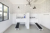 Modern pet washroom with stylish monochrome wallpaper, dual washing stations, and sleek lighting fixtures.