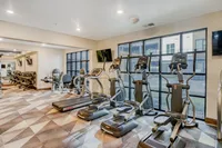 Modern fitness center featuring state-of-the-art exercise equipment, large windows with courtyard views, and a stylish geometric carpet design.