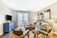 Bright and contemporary living room with stylish decor, large window, and vibrant blue furniture creating a welcoming atmosphere.