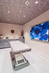 Elegant spa room featuring a massage table, sleek cabinetry, and a vibrant blue floral artwork for a relaxing ambiance.