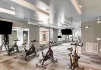 Modern fitness center with state-of-the-art exercise bikes, spacious layout, and wall-mounted TVs.
