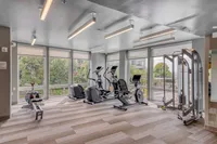 Modern fitness center with state-of-the-art cardio equipment and lush greenery view through large windows.