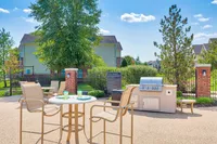 Vibrant outdoor patio featuring comfortable seating, a modern grill, and lush landscaping under a clear blue sky.