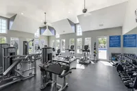 Bright and modern fitness center with high ceilings, state-of-the-art exercise machines, and ample natural light through large windows.