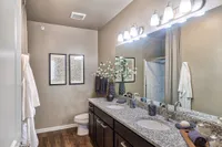 Elegant bathroom featuring double sinks with sleek granite countertops, modern lighting, and chic decor. A bright, inviting space perfect for relaxation.