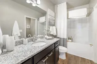 Elegant bathroom featuring sleek granite countertops, luxurious bathtub, and modern fixtures with warm wood flooring.
